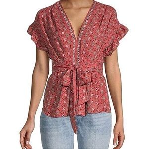 Max Studio Women's Pink Top Floral Printed Ruffle Sleeve Tie-Waist Blouse V-Neck